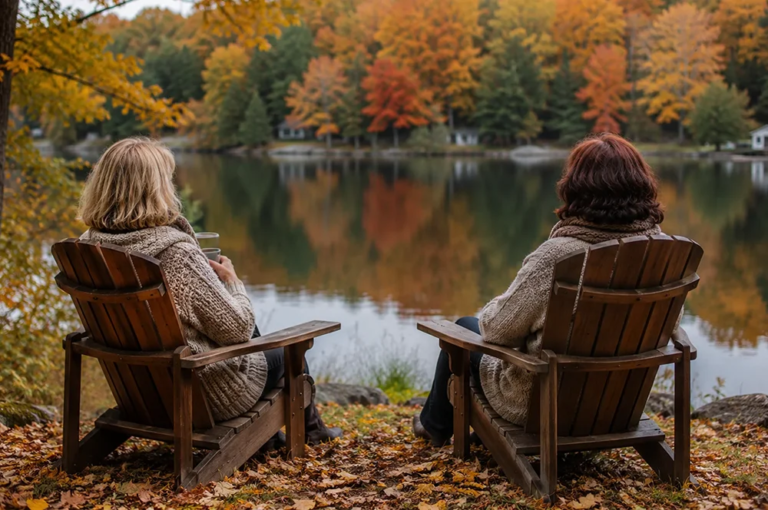 Two women in cozy sweaters sitting in Adirondack chairs by a lake in autumn