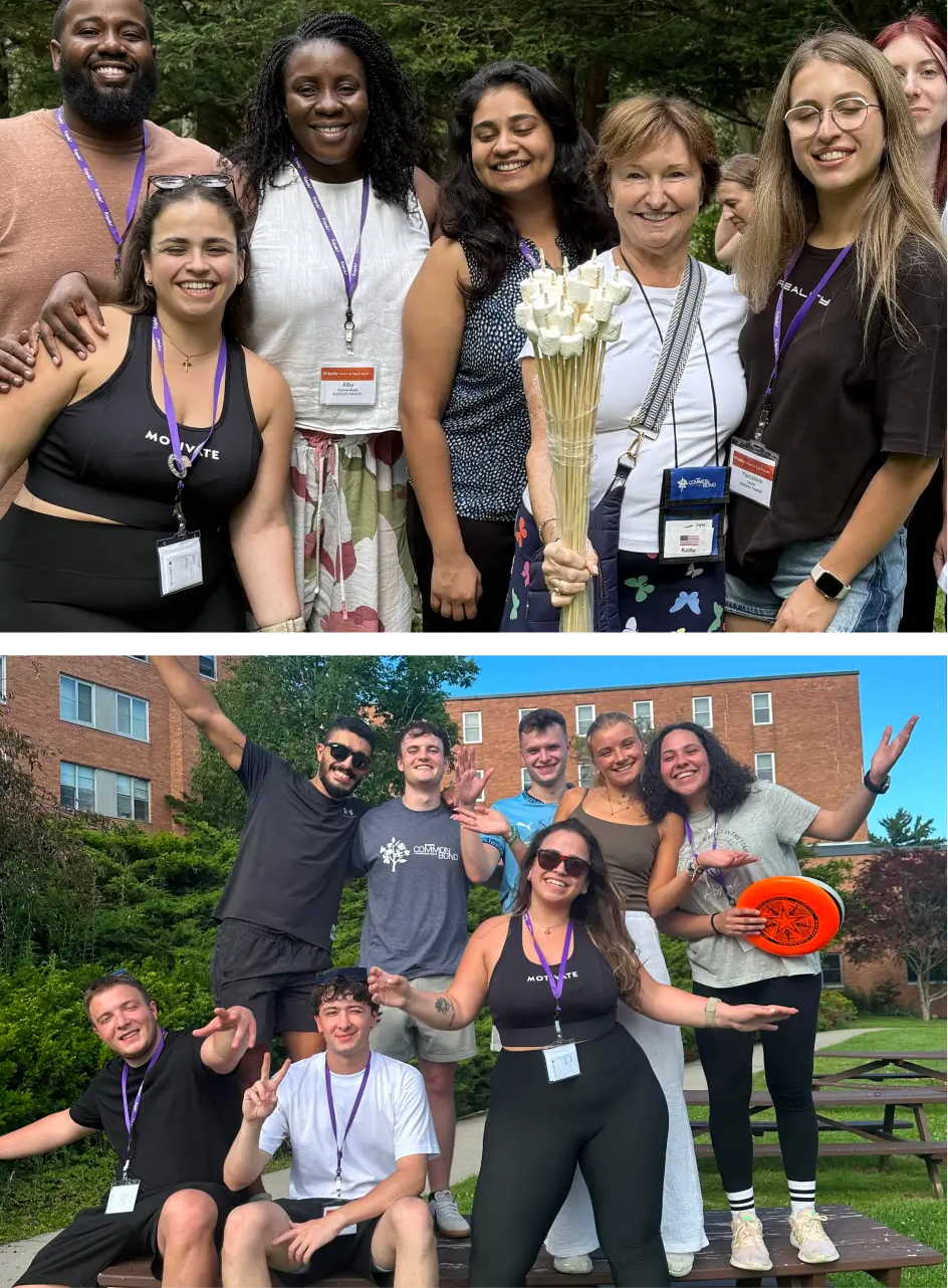 Diverse group of students with purple lanyards smiling at a campus outdoor event, one holding a frisbee.