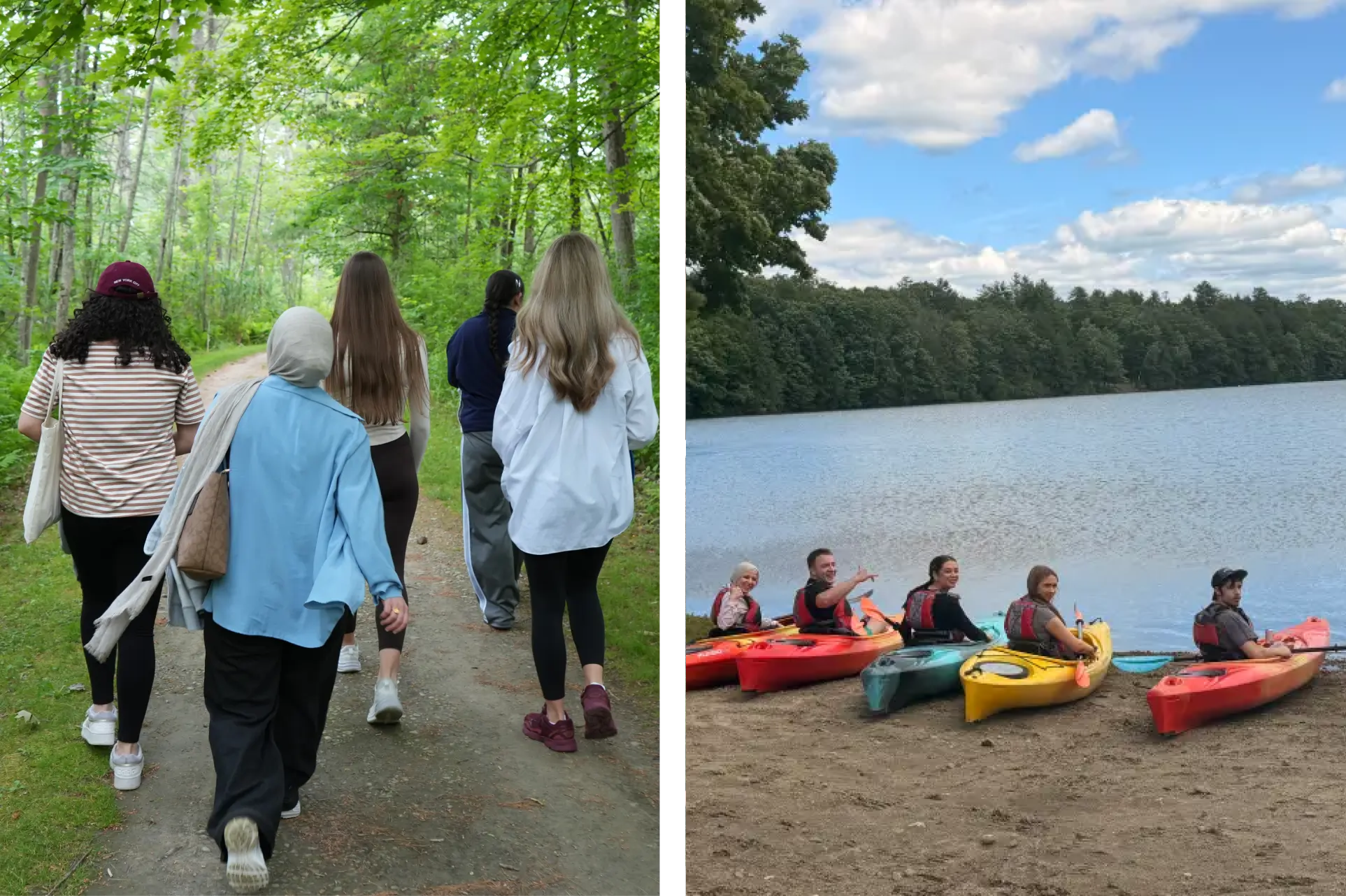 Group of friends hiking a forested trail and sitting in colorful kayaks by a lake