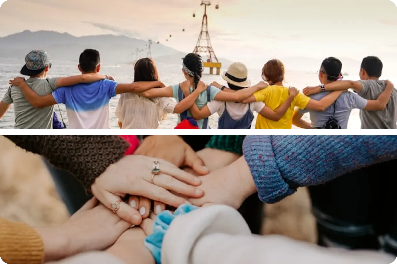 A split image showing a row of friends sitting arm-in-arm by the water on top, and a close-up of hands stacked together in a group huddle on the bottom.
