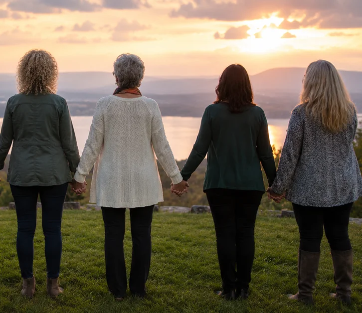 Four women holding hands facing a golden sunset over a lake
